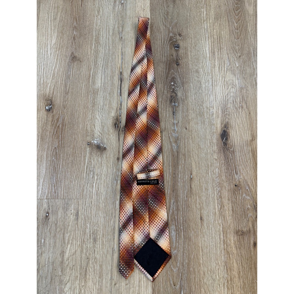 Kenneth Cole New York Mens Silk Tie Brown Orange Geometric Grid Handmade Necktie - Picture 4 of 4